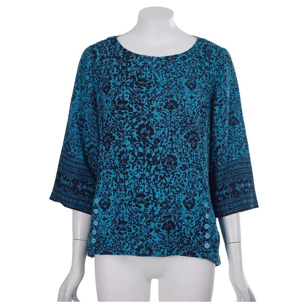Soft Surroundings Oceo Top PM Blue Printed Crinkle Gauze 3/4 Sleeve Tunic